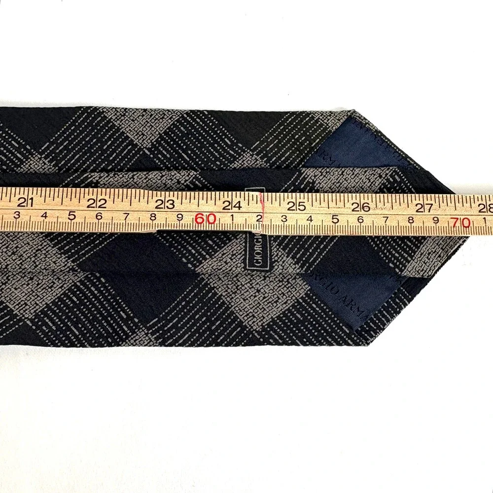 Giorgio Armani Tie Black Grey Matte Silk Geometric Textured Plaid Made in Italy